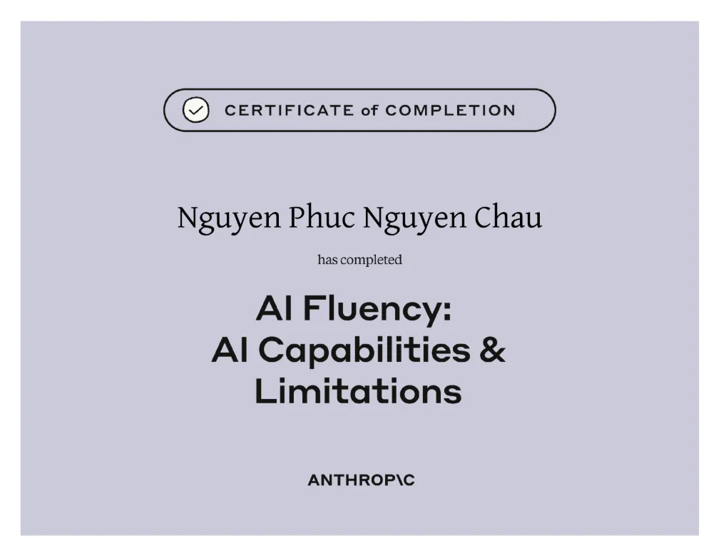 Chứng chỉ hoàn thành AI Capabilities and Limitations của Nguyễn Phúc Nguyên Châu — Anthropic