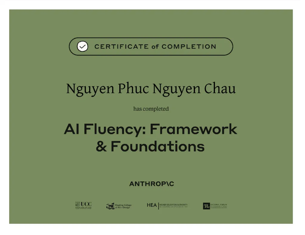 Chứng chỉ hoàn thành AI Fluency: Framework & Foundations của Nguyễn Phúc Nguyên Châu — Anthropic